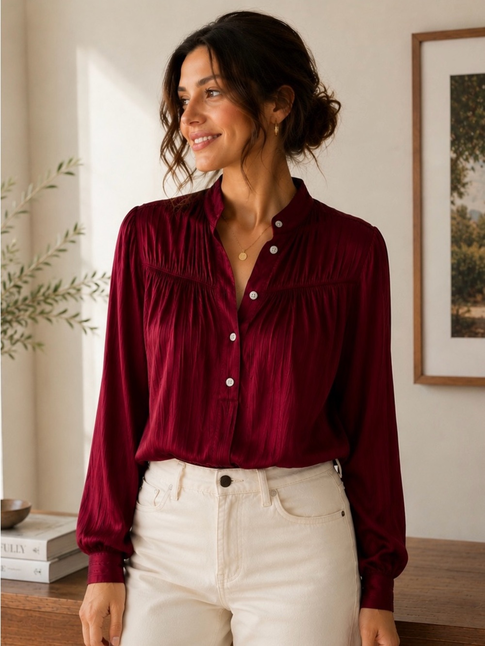 Anthropologie Dark Cherry Shimmer Satin Long Sleeve Blouse - Medium